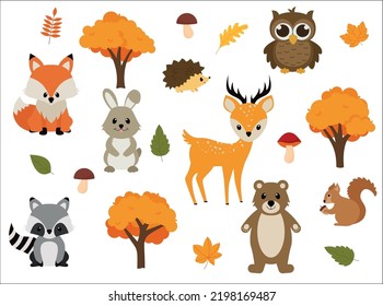 Vector illustration of cute woodland forest animals including a bear, deer, fox, raccoon, hedgehog, squirrel, and rabbit. eps 10