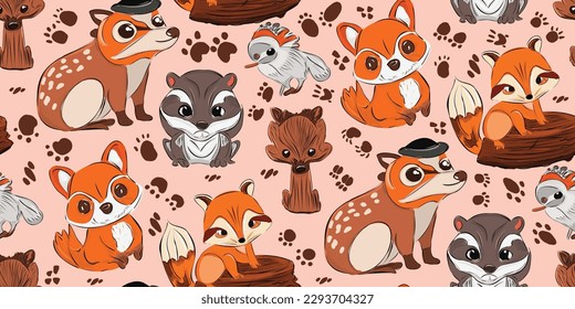 Vector illustration of cute woodland forest animals including a bear, deer, fox, raccoon, hedgehog, squirrel, and rabbit seamless pattern