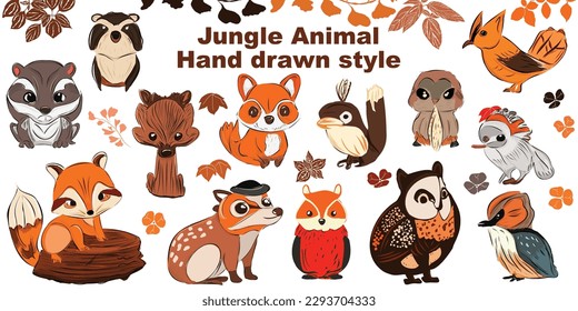 Vector illustration of cute woodland forest animals including a bird, deer, fox, raccoon, hedgehog, squirrel and more