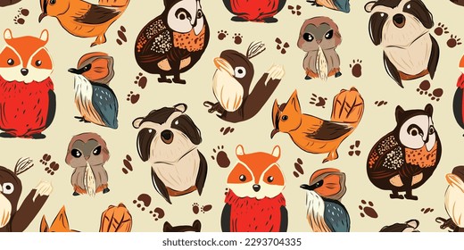 Vector illustration of cute woodland forest animals including a bear, deer, fox, raccoon, hedgehog, squirrel, and rabbit seamless pattern