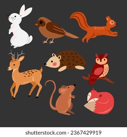 Vector illustration of cute woodland forest animals including deer, rabbit, fox, bird, owl, and squirrel.