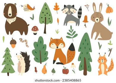 Vector illustration of cute woodland forest animals including deer, rabbit, hedgehog, bear, fox, bird and squirrel.