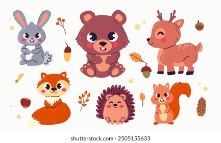 Vector illustration of cute woodland forest animals including deer, rabbit, hedgehog, bear, fox, raccoon, and squirrel. Flat cartoon illustration isolate on white background .