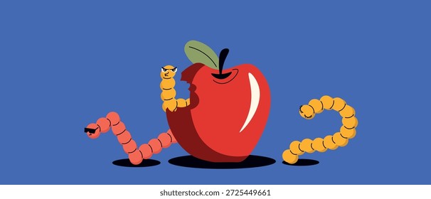 Ilustração vetorial. Vermes bonitos e uma maçã. Dieta, nutrição, jardim. Estilo moderno. Fundo azul. Faixa, fundo, cartão postal, capa.