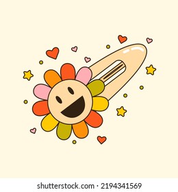 Vector illustration of cute y2k 90s daisy hair clip. Cartoon accessory for girls with smiling face. Adorable flower hairpin. Trendy oldschool icon