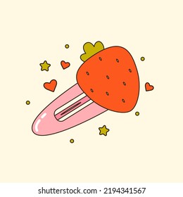 Vector illustration of cute y2k strawberry hair clip. Cartoon accessory for girls with red berry. Adorable childish hairpin. Trendy oldschool icon