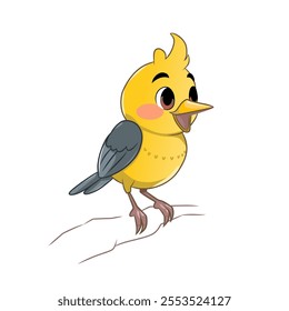 a vector illustration of a cute yellow bird in a cartoon style. It has gray wings, a yellow beak, big eyes, and rosy cheeks. The bird stands on a branch with its beak open, as if chirping