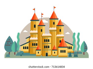 Vector illustration of a cute yellow castle. Fairy illustration for children. Castle with landscape