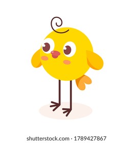 Vector illustration of cute yellow chick with shadow turned left on white background. Flat style design of chicken for web, site, poster, banner