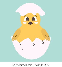 Ilustração vetorial de uma galinha amarela bonita eclodiu de um ovo em um fundo verde.