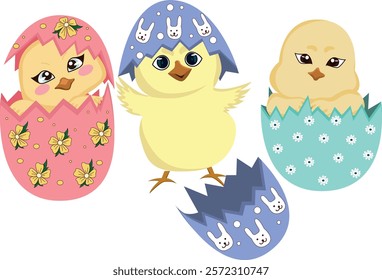 Vector Illustration of Cute Yellow Chicks Hatching from Painted Easter Eggs.A clean and colorful vector illustration featuring adorable yellow chicks hatching from beautifully painted Easter eggs. 