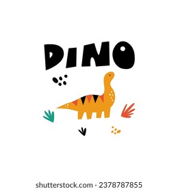 Vector illustration with cute yellow dinosaur and dino lettering. Modern design with smiling character.