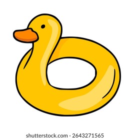 Vector illustration of a cute yellow duck-shaped inflatable ring, perfect for summer designs and childrens projects, featuring a bold outline and vibrant color palette.