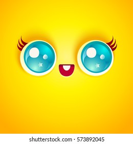 Vector illustration of cute yellow face. Kawaii face with blue eyes.