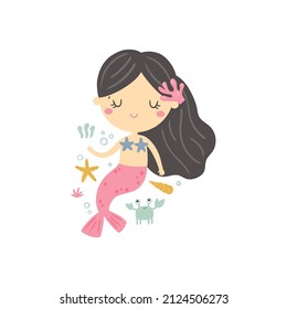 vector illustration of cute yellow hair baby mermaid girl and underwater elements as fish, seaweed and corals