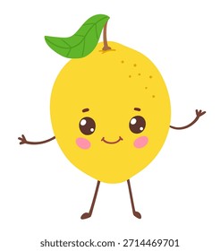 Ilustración vectorial de un lindo limón amarillo con una cara sonriente, mejillas rosadas y ojos grandes. Diseño plano aislado del carácter de la fruta, perfecto para los niños y los materiales educativos.