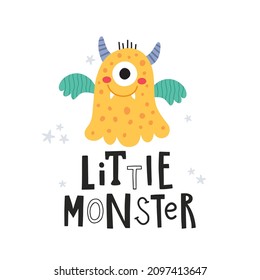 vector illustration of a cute yellow monster and hand lettering text, funny print design for kids textile, posters and apparel