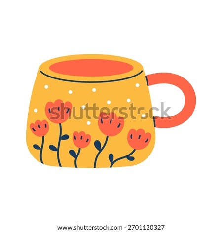 Vector illustration of cute yellow mug with orange handle, decorated with orange flowers and white dots. Cozy autumn floral coffee or tea cup in flat style for kitchen and drinks design.