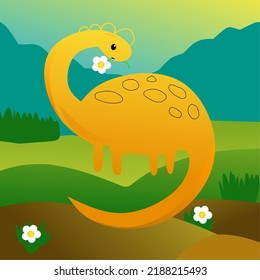 Vector illustration of a cute yellow orange dinosaur bites a white flower in the garden or park. Dinosaur clip art can be used as tee or card print design for kids. 
