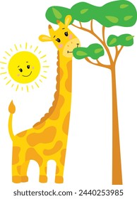 Vector Illustration of cute yellow orange giraffe. Eating tree leaves. Simple beautiful smiling sun. African umbrella tree and green fresh grass. Summer safari zoo collection of little animals. Kawaii