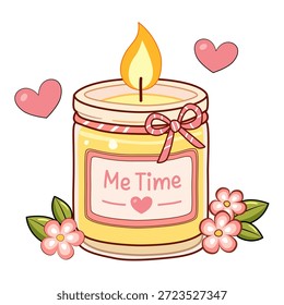 Vector illustration of a cute yellow scented candle in a glass jar decorated with a pink ribbon and flowers. The label says 'Me Time' surrounded by floating hearts. This artwork represents self-care, relaxation, aromatherapy, and self-love themes. Perfect for stickers, planners, and Valentine's Day designs. Isolated on white background.