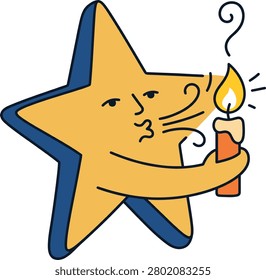A vector illustration of a cute yellow star character with a face, blowing air from its mouth to extinguish a lit candle held in its hand.
