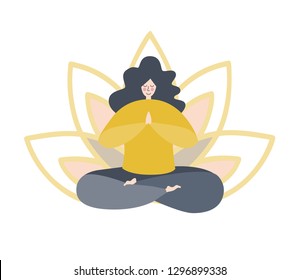 Vector illustration of a cute yogi woman meditating in the Lotus pose with the flower petals behind isolated on white. Cute flat female character. Yoga and meditation logo, emblem, icon design.