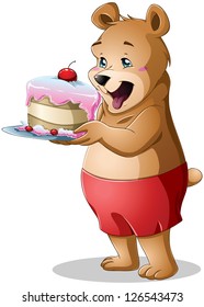 A vector illustration of a cute young bear holding a delicious cake.