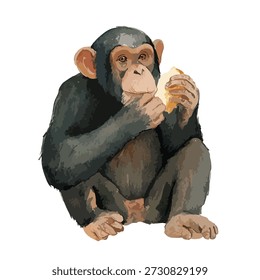 Ilustración vectorial de un chimpancé joven lindo que come la comida, aislada en un fondo blanco. Ideal para la vida silvestre, la naturaleza o proyectos educativos.