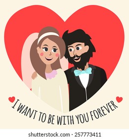 Vector illustration. Cute young couple newlyweds with heart on the background