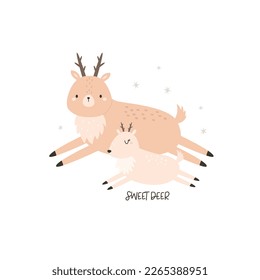 Vector illustration of cute young deer and his mom. Adorable print with animals for kids, newborns in a modern flat style.