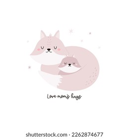 Vector illustration of cute young fox and his mom. Adorable print with animals for kids, newborns in a modern flat style.