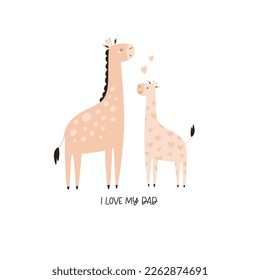 Vector illustration of cute young giraffe and his dad. Adorable print with animals for kids, newborns in a modern flat style.