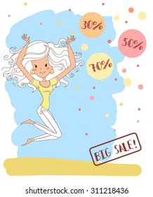 Vector illustration of a cute young girl with long hair. Summer background. Template for design cards, notebook, shop, beauty salon, poster and cosmetics /Print for T-shirt. Character design.