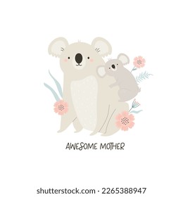 Vector illustration of cute young koala and his mom. Adorable print with animals for kids, newborns in a modern flat style.