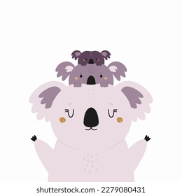 Vector illustration of cute young koalas and their mom. Adorable print with animals for kids in a modern flat style.
