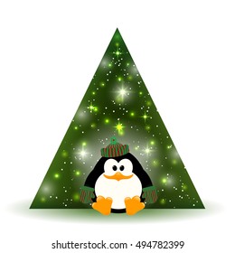 Vector illustration of cute young penguin near the Christmas tree on a white background. 
Cartoon style. Penguin and tree - a symbol of the New Year