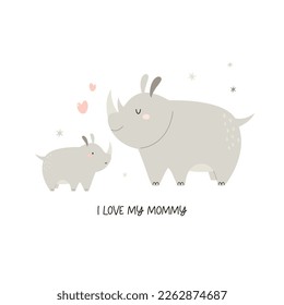 Vector illustration of cute young rhino and his mom. Adorable print with animals for kids, newborns in a modern flat style.