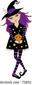 Vector illustration of cute young witch with violet hair dressed in striped stockings holding pumpkin jack isolated on white background . Cute cartoon witch with pumpkin. 
