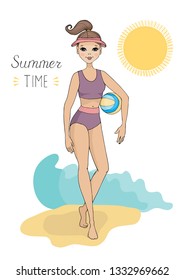 vector illustration cute young woman on the summer  beach with basketball ball