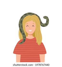 Vector illustration of cute young woman and snake on her head. Exotic pets concept. Illustration for pet shops and snake lovers.