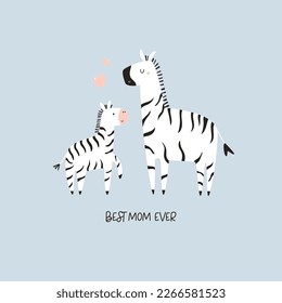 Vector illustration of cute young zebra and his mom. Adorable print with animals for kids, newborns in a modern flat style.