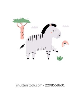 Vector Vector illustration of a cute zebra in african savanna. Naive illustration for frame arts, decorations, kids prints.