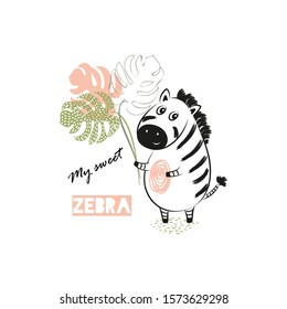 Vector illustration of cute Zebra with palm leaves, children's print on clothes