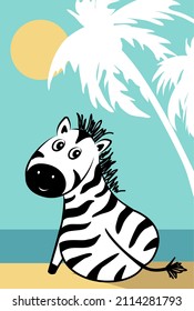 Vector illustration of a cute zebra sitting on the beach.Children's print on clothes.