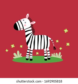 Vector illustration of a cute zebra standing in the grass on red background.