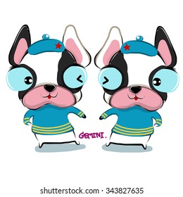 vector illustration of cute zodiac-Gemini-happy-bulldog drawing style