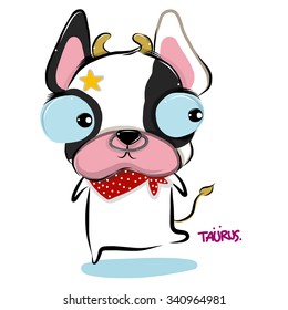 vector illustration of cute zodiac-Taurus-happy-bulldog cartoon drawing style