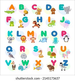 Vector illustration of cute zoo alphabet with cartoon animals isolated on white background.