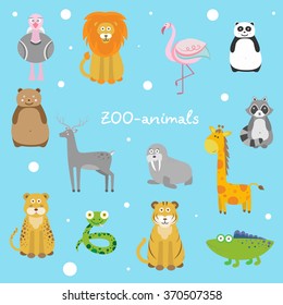 Vector illustration of a cute zoo animals (lion, tiger, giraffe, raccoon, alligator, flamingo, panda, bear). Flat design